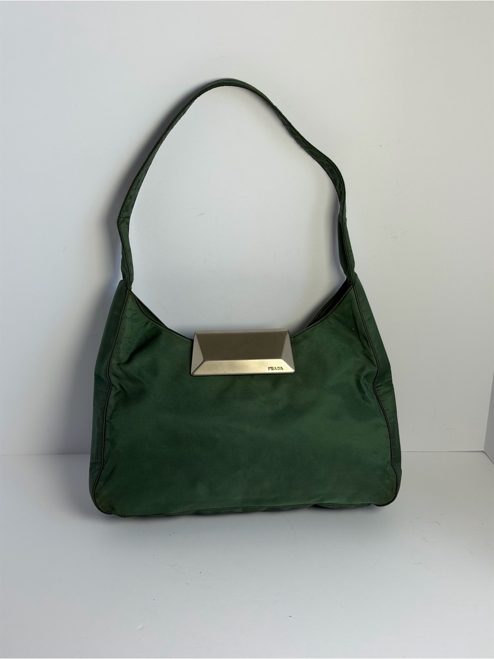 Prada 97s Archive Collection Tessuto Green Nylon Shoulder Bag w Silver Clasp
